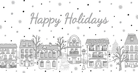 Christmas card with houses and snowfall. Winter urban landscape in black and white colors. Holiday design for real estate business 