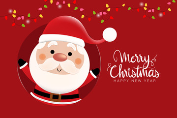 Merry Christmas and happy new year greeting card with cute Santa Claus and bulb light. Holiday cartoon character vector. Lettering calligraphy hand written.