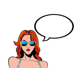 retro red hair woman cartoon with glasses and bubble vector design