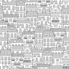 Cityscape seamless pattern with old European houses. Colored page background. Black + white 