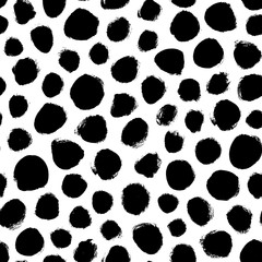 Grunge spots hand drawn vector seamless pattern. Ink dirty circles texture. Black paint dry brush splodges, blotches background. Abstract rough blots, splotches backdrop. Wrapping paper design.
