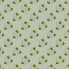seamless pattern, linear ornament with leaves, green background