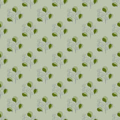 seamless pattern, linear ornament with leaves, green background