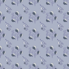 seamless pattern, linear ornament with leaves, blue background