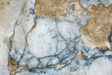 Background concrete wall, traces of weathering, worn wall damaged paint old paint. Remains of old paint on the painted concrete surface. Grungy destruction surface.