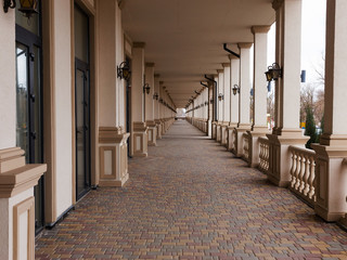 Terrace of residential building in perspective with beautiful lanterns on columns