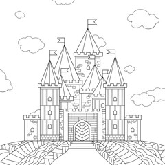 Line drawn fantasy castle with simple stone pattern. Towers with flags and small windows, sky, field, clouds. Illustration on white isolated background. For coloring book pages.