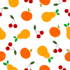 Bright pear, cherry, orange with leaf on a white background. Seamless fruit season flat pattern. Suitable for textile, packaging.