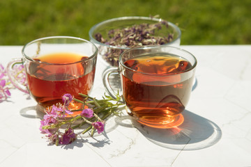Chamaenerion angustifolium tea (Cypress, pink willow, Ivan-tea) with dry and fresh flowers for decoration in two glass cups on a light background . Concept of herbal medicine. 