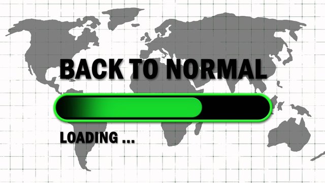 BACK TO NORMAL lettering in black color - green loading progress bar in front of world map background - 3D illustration
