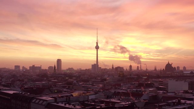 Wide Berlin Establishing Shot with Fire Red Morning Sky
