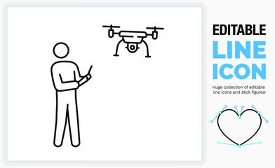 Editable line icon of a stick figure flying a drone, part of a huge set of editable stick figures and icons!