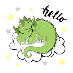 Cute green dragon is sleeping on a cloud and the inscription hello on a white background isolated