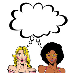 retro blond and afro women cartoons with bubble vector design