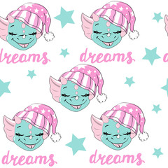 The head of a little blue dragon in a hat for sleeping and the inscription dreams seamless pattern