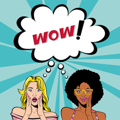 retro afro and blond hair women cartoons with wow bubble vector design