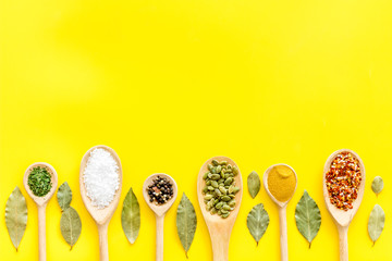 Layout of various spices in spoons. Top view, copy space