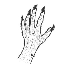Hand of fabulous monster sketch engraving vector illustration. T-shirt apparel print design. Scratch board imitation. Black and white hand drawn image.
