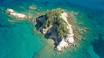 Aerial drone photo of amazing sandy beach of Troulos in island of Skiathos, Sporades, Greece