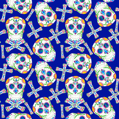 Skull head with jewelry rood seamless repeat pattern, illustration watercolor