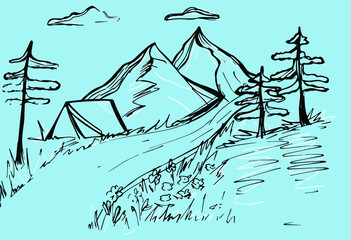 Vector mountains. Mountain sketch, with pine trees and a tent. Black lines on a blue background.