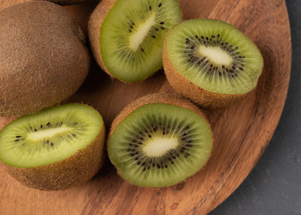 close-up of a kiwi in a cut on a plate