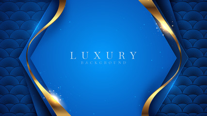 Luxury golden line background blue and sky shades in 3d abstract style. Illustration from vector about modern template deluxe design. - obrazy, fototapety, plakaty