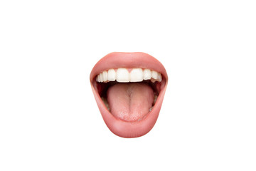 Shouting. Close up view of female mouth wearing nude lipstick over white studio background....