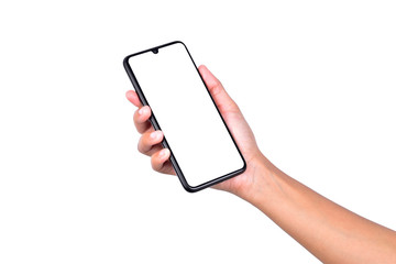 hand holding modern bezel less smartphone with blank screen isolated on white background, empty mobile screen for message or advertisement