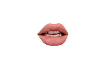Seductive. Close up view of female mouth wearing nude lipstick over white studio background....