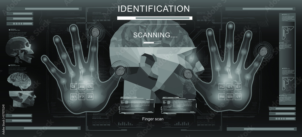 Poster biometric identification or recognition system of person. holographic digital hand and fingerprint s
