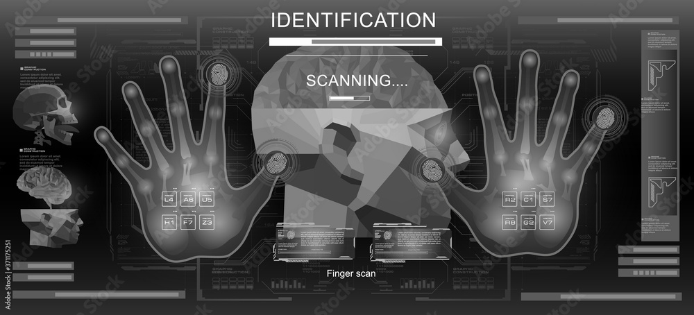 Poster biometric identification or recognition system of person. holographic digital hand and fingerprint s