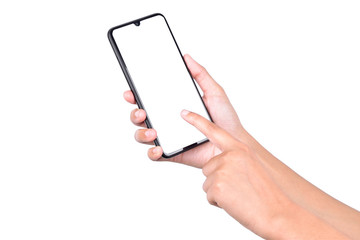 Isolated hands and smartphone on white background. Female hand holding modern black phone i
