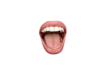 Shouting. Close up view of female mouth wearing nude lipstick over white studio background....