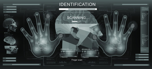Biometric Identification or Recognition System of Person. Holographic digital hand and fingerprint scanner and whole palm. Fingerprint scanning and identification with HUD, GUI elements. Numeric HUD p