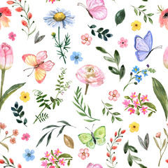 Cute floral seamless pattern. Watercolor botanical print, blooming summer meadow illustration with butterflies on white background. Pastel color palette. Great for nursery design, textile