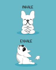 French bulldog practicing yoga cartoon. Dog vector illustration isolated on blue background.