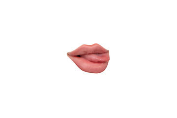 Tongue sticking. Close up view of female mouth wearing nude lipstick over white studio background....