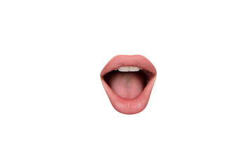Shocked. Close up view of female mouth wearing nude lipstick over white studio background....