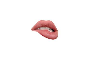 Seductive. Close up view of female mouth wearing nude lipstick over white studio background....