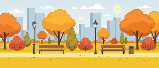 Autumn street, city park panoramic illustration.
