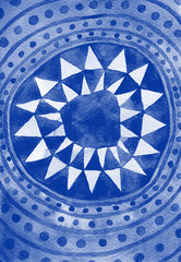 Classic blue tribal abstract watercolor background with a circle of triangles. Texture inspired by African culture.