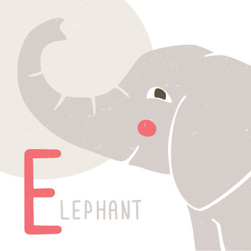 Cute vector alphabet card for play and education. Letter "E" is for Elephant. Ripe croped gray elephant.  Handwritten text. Vector hand drawn illustration