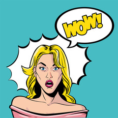 retro blond woman cartoon with binoculars and wow explosion vector design