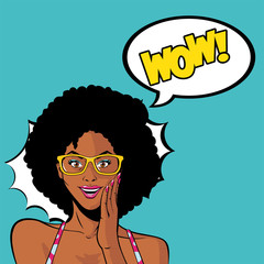 retro black afro woman cartoon with glasses and wow explosion vector design