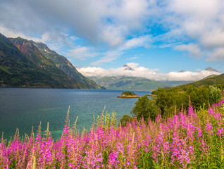 Norway Landscape panorama with fjord, ocean and mountain - Lofoten island