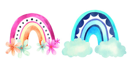 pink rainbow with flowers watercolor illustration on white background