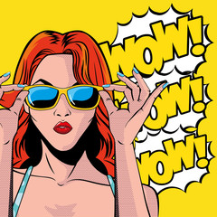 retro red hair woman cartoon with glasses and wow explosion vector design