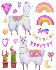 set of llama and alpaca and decor, rainbow hearts, cacti and diamond in vector on a white background