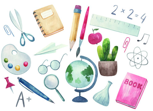 Back to school. Hand-drawn background with school supplies and creative elements. Palette, book, notebook, pen, pencil, brush, glasses, watercolor illustration